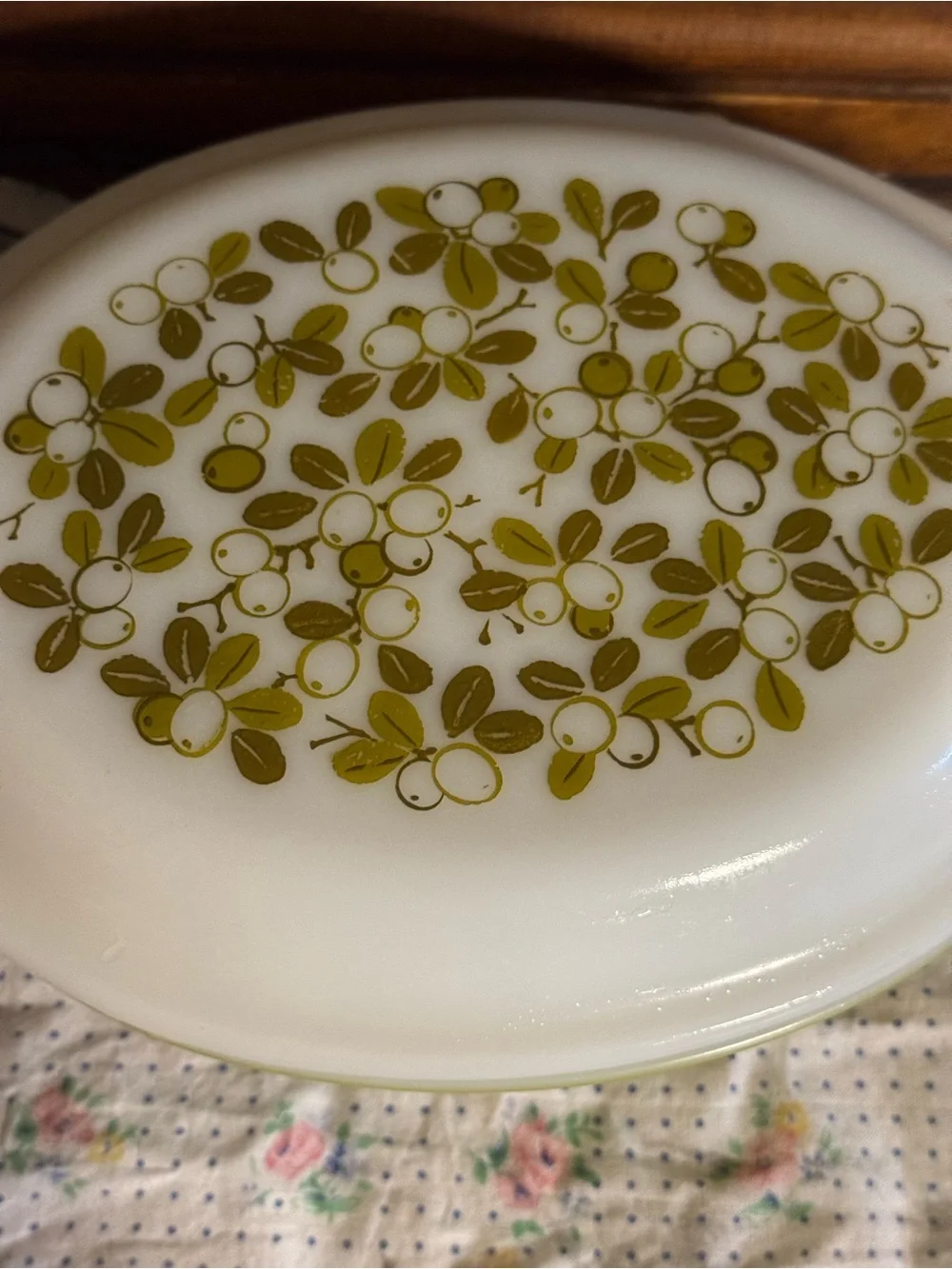 Pyrex White Covered Dish with Olive Green Berry Pattern